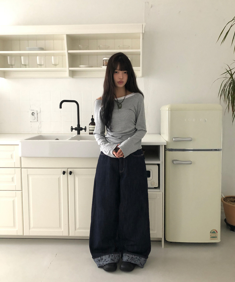 バイカラーシアリング長袖Tシャツ GREY