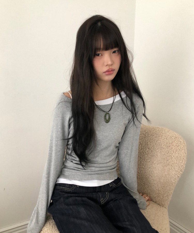 バイカラーシアリング長袖Tシャツ GREY