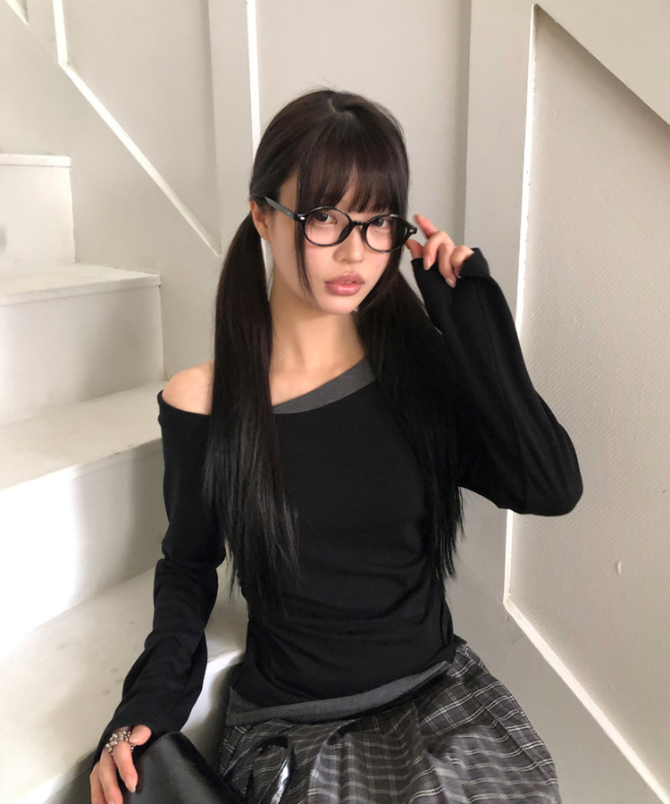 バイカラーシアリング長袖Tシャツ BLACK