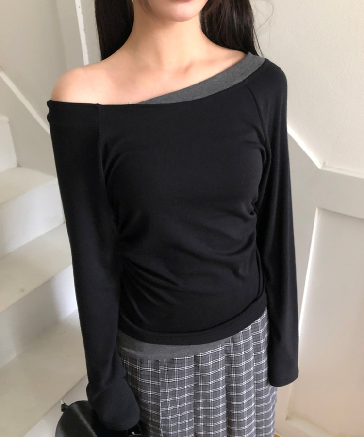 バイカラーシアリング長袖Tシャツ BLACK