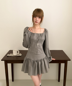【SET】チェックスクエア長袖ブラウスプリーツミニスカート GREY