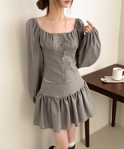 【SET】チェックスクエア長袖ブラウスプリーツミニスカート GREY