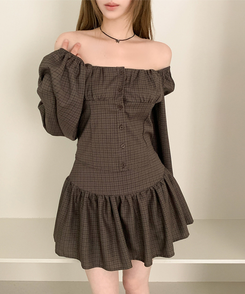 【SET】チェックスクエア長袖ブラウスプリーツミニスカート BROWN