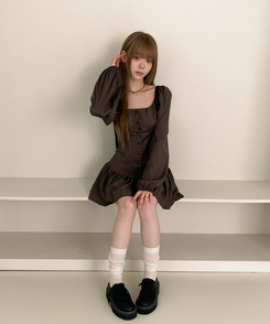 【SET】チェックスクエア長袖ブラウスプリーツミニスカート BROWN