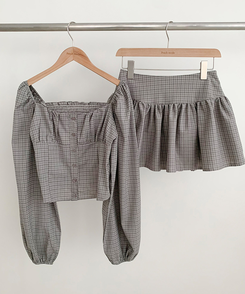 【SET】チェックスクエア長袖ブラウスプリーツミニスカート