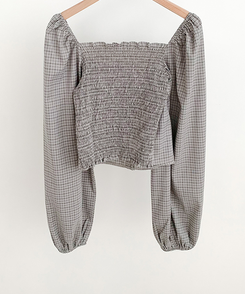 【SET】チェックスクエア長袖ブラウスプリーツミニスカート