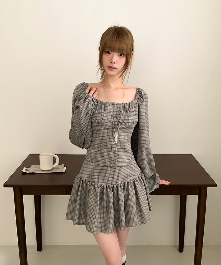 【SET】チェックスクエア長袖ブラウスプリーツミニスカート GREY