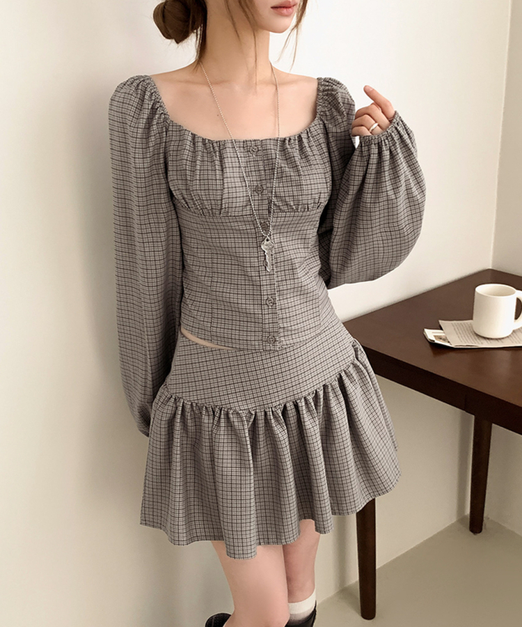 【SET】チェックスクエア長袖ブラウスプリーツミニスカート GREY