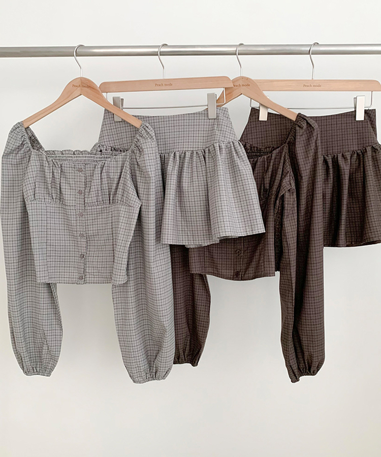 【SET】チェックスクエア長袖ブラウスプリーツミニスカート