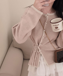 사랑스러운 포인트바닐라 리본 스트랩 루즈핏 배색 니트 가디건 핑크