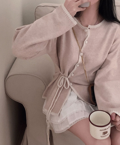 사랑스러운 포인트바닐라 리본 스트랩 루즈핏 배색 니트 가디건 핑크