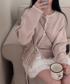 사랑스러운 포인트바닐라 리본 스트랩 루즈핏 배색 니트 가디건 핑크