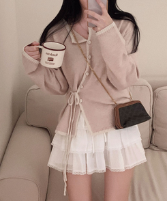 사랑스러운 포인트바닐라 리본 스트랩 루즈핏 배색 니트 가디건 핑크