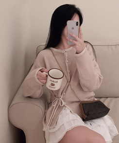 사랑스러운 포인트바닐라 리본 스트랩 루즈핏 배색 니트 가디건 핑크