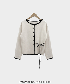 사랑스러운 포인트바닐라 리본 스트랩 루즈핏 배색 니트 가디건