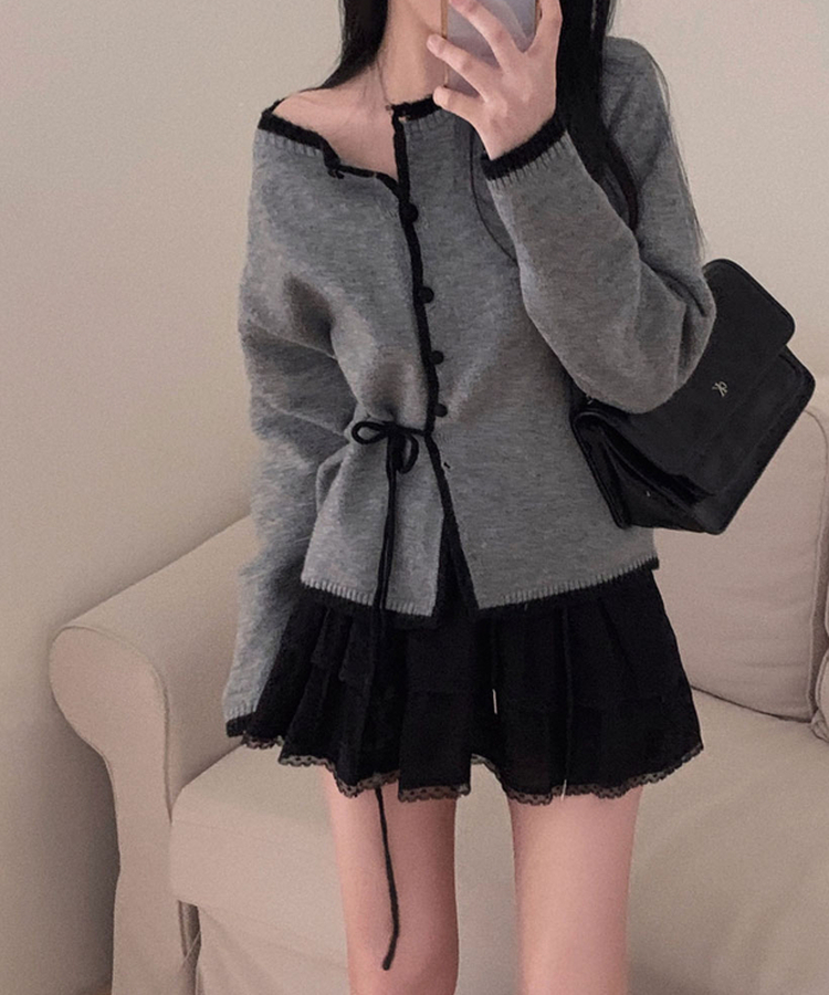 사랑스러운 포인트바닐라 리본 스트랩 루즈핏 배색 니트 가디건 차콜