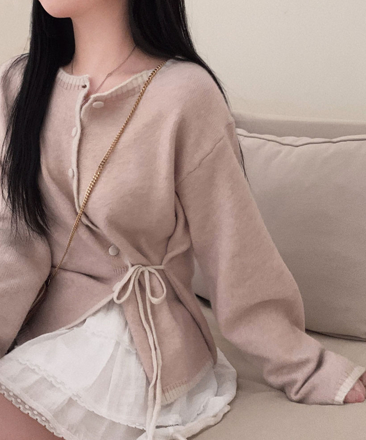 사랑스러운 포인트바닐라 리본 스트랩 루즈핏 배색 니트 가디건 핑크