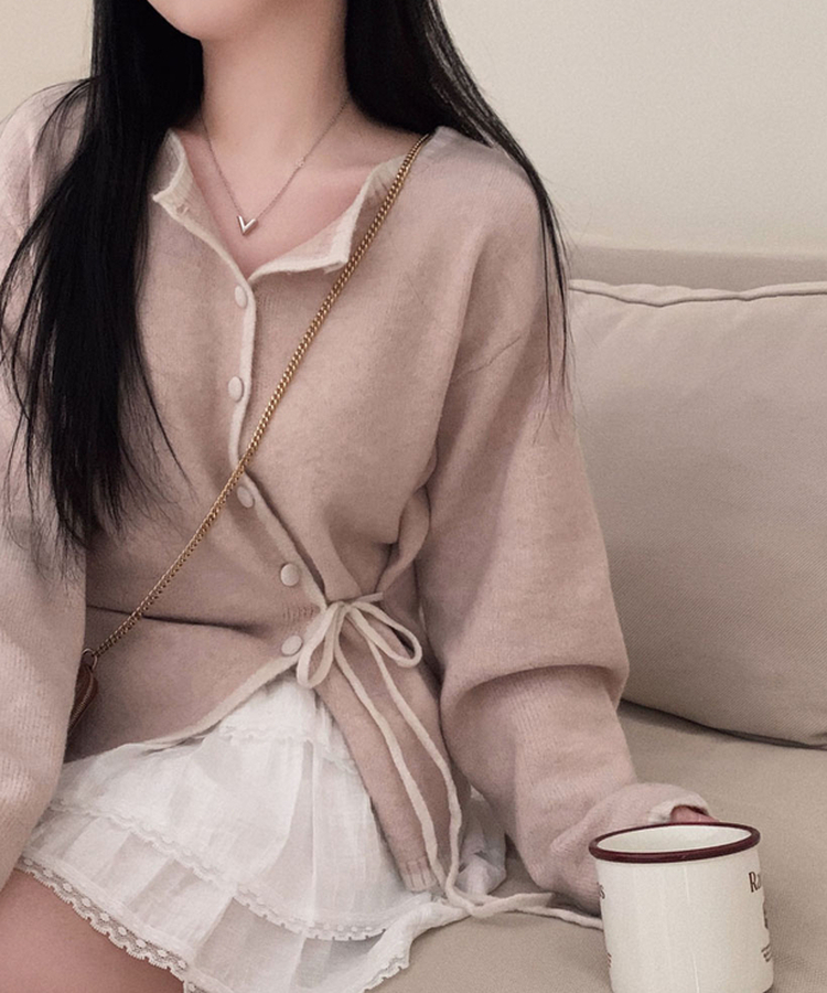 사랑스러운 포인트바닐라 리본 스트랩 루즈핏 배색 니트 가디건 핑크