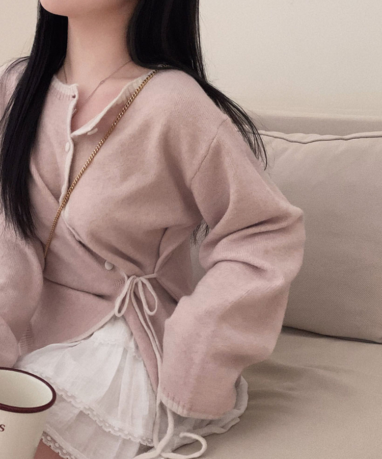 사랑스러운 포인트바닐라 리본 스트랩 루즈핏 배색 니트 가디건 핑크