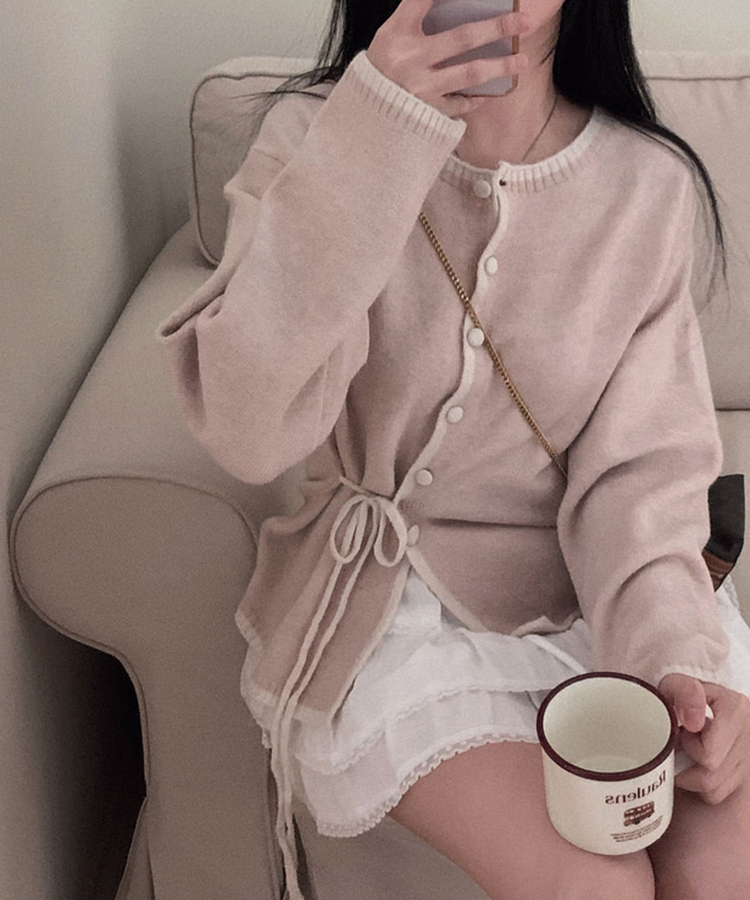 사랑스러운 포인트바닐라 리본 스트랩 루즈핏 배색 니트 가디건 핑크