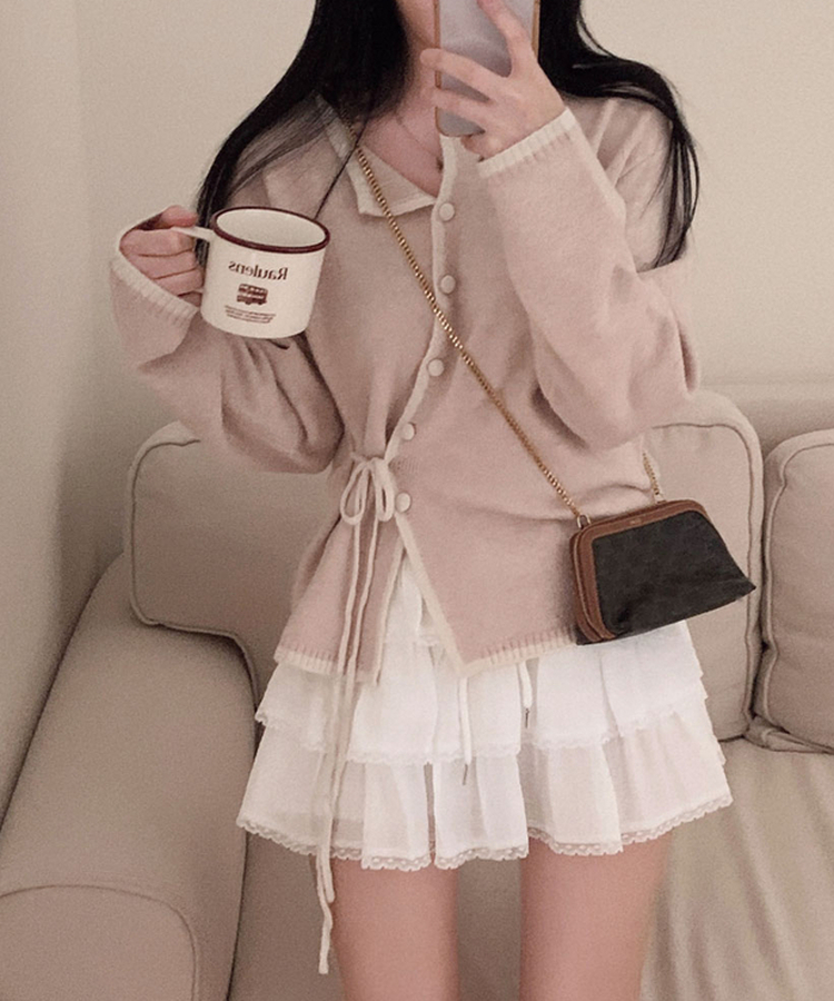 사랑스러운 포인트바닐라 리본 스트랩 루즈핏 배색 니트 가디건 핑크