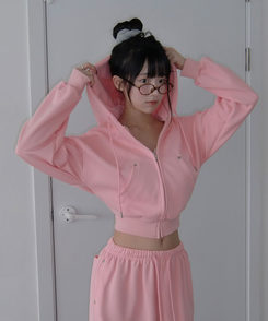 【SET】エンミルクロップバッグレタリングリベットフードジップアップバンディングワイドトレーニングパンツ PINK