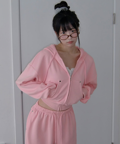 【SET】エンミルクロップバッグレタリングリベットフードジップアップバンディングワイドトレーニングパンツ PINK