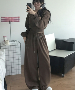 【SET】エンミルクロップバッグレタリングリベットフードジップアップバンディングワイドトレーニングパンツ BROWN