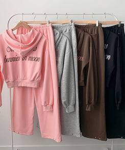 【SET】エンミルクロップバッグレタリングリベットフードジップアップバンディングワイドトレーニングパンツ