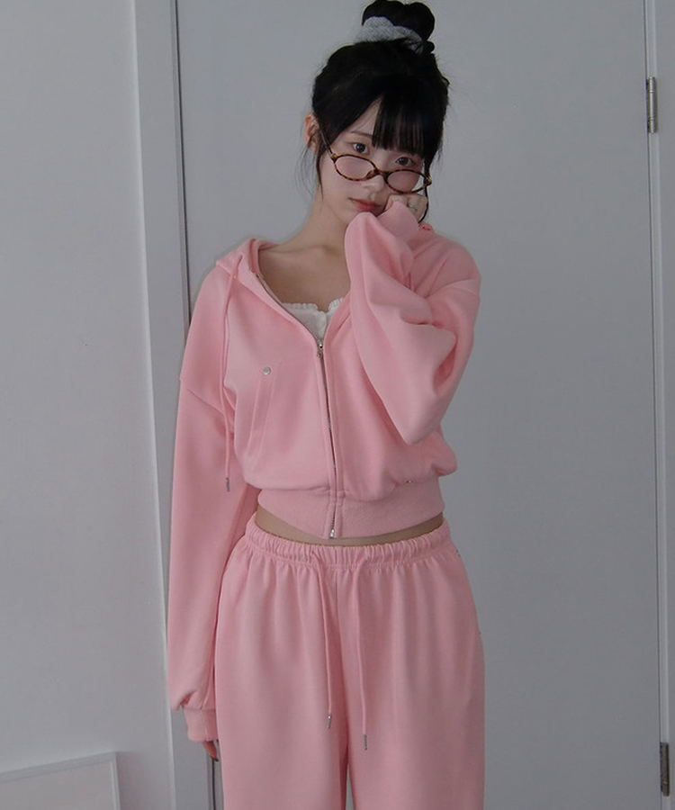 【SET】エンミルクロップバッグレタリングリベットフードジップアップバンディングワイドトレーニングパンツ PINK