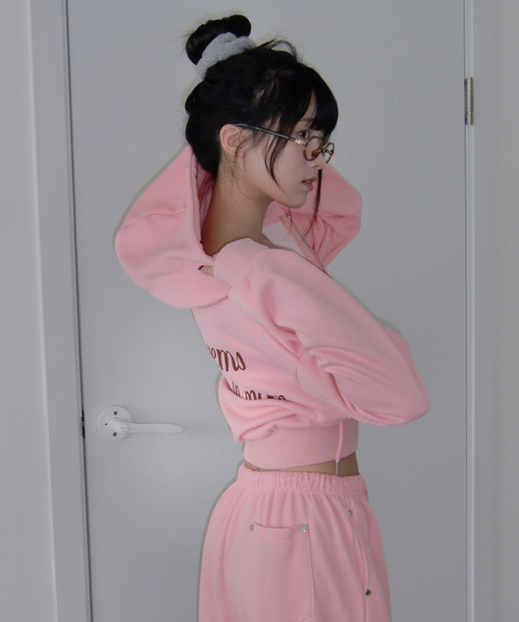 【SET】エンミルクロップバッグレタリングリベットフードジップアップバンディングワイドトレーニングパンツ PINK