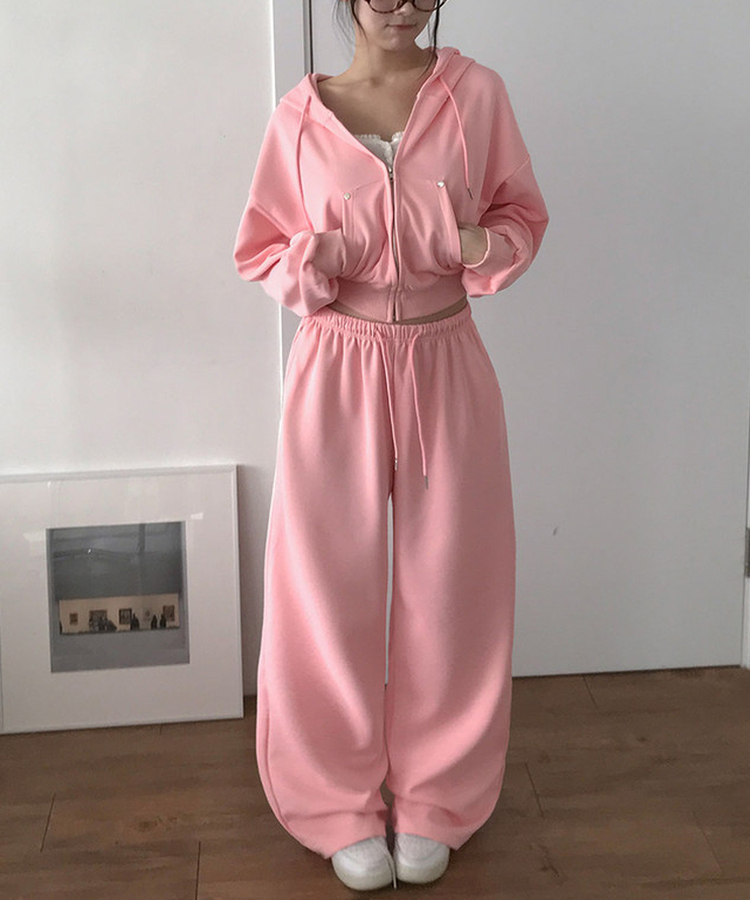 【SET】エンミルクロップバッグレタリングリベットフードジップアップバンディングワイドトレーニングパンツ PINK