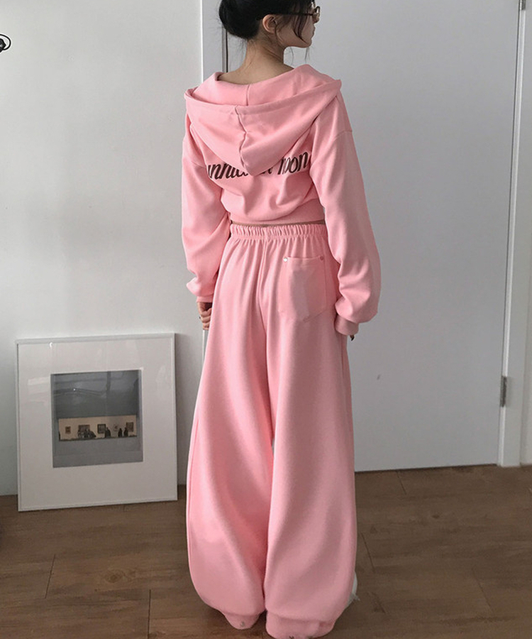 【SET】エンミルクロップバッグレタリングリベットフードジップアップバンディングワイドトレーニングパンツ PINK