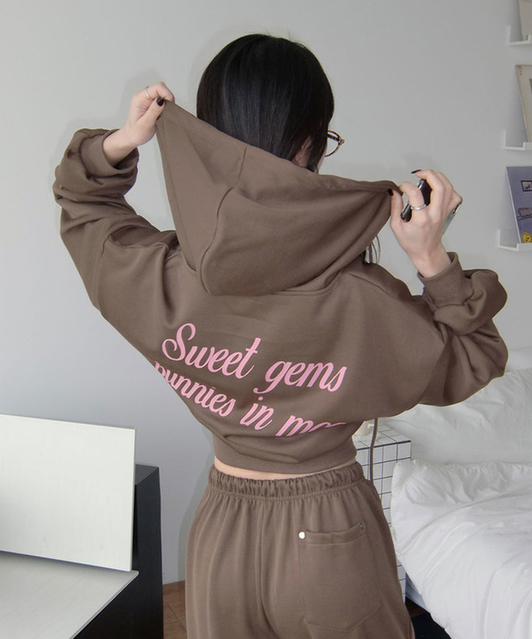 【SET】エンミルクロップバッグレタリングリベットフードジップアップバンディングワイドトレーニングパンツ BROWN