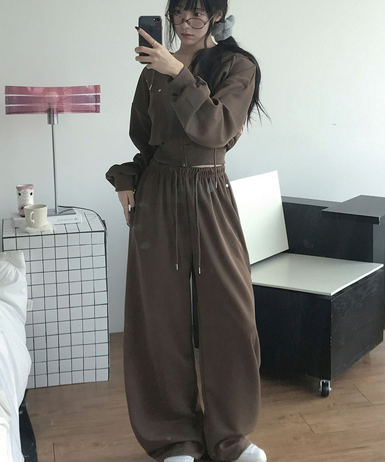 【SET】エンミルクロップバッグレタリングリベットフードジップアップバンディングワイドトレーニングパンツ BROWN