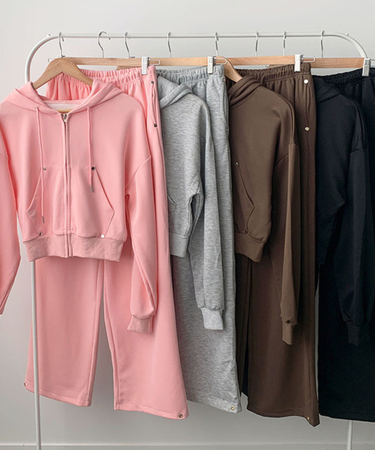 【SET】エンミルクロップバッグレタリングリベットフードジップアップバンディングワイドトレーニングパンツ