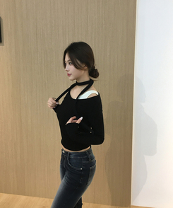 バイカラーレイヤードスリム長袖Tシャツ BLACK