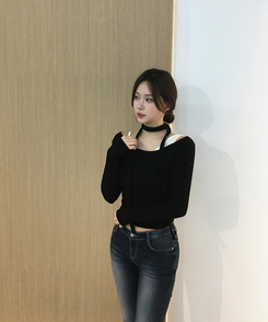 バイカラーレイヤードスリム長袖Tシャツ BLACK