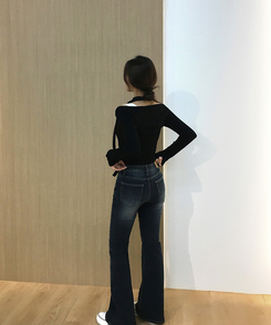 バイカラーレイヤードスリム長袖Tシャツ BLACK