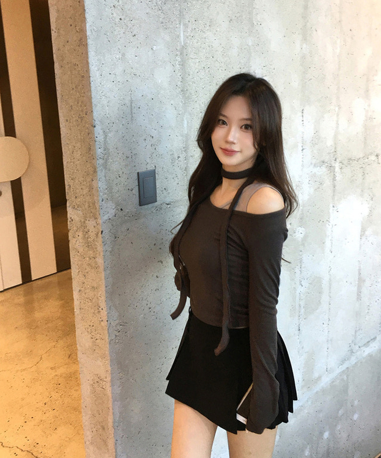 バイカラーレイヤードスリム長袖Tシャツ BROWN