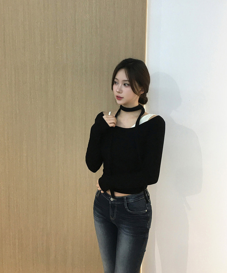 バイカラーレイヤードスリム長袖Tシャツ BLACK