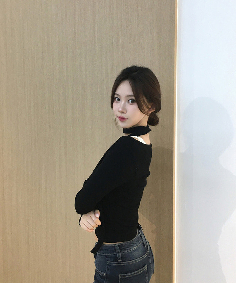 バイカラーレイヤードスリム長袖Tシャツ BLACK