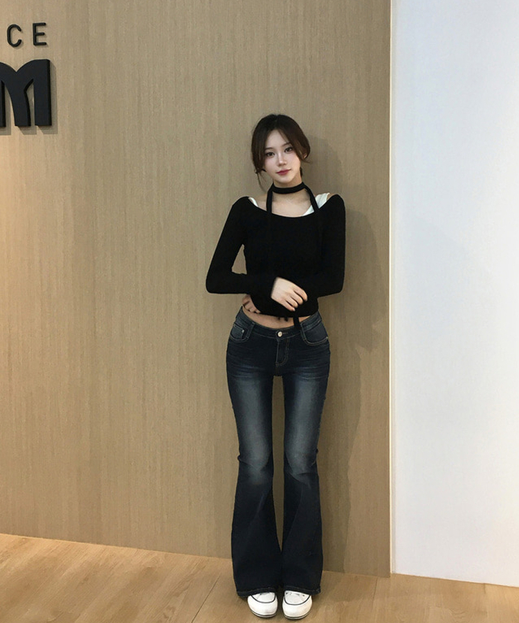 バイカラーレイヤードスリム長袖Tシャツ BLACK