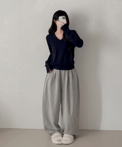 ボタンVネック長袖Tシャツ NAVY