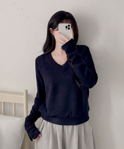 ボタンVネック長袖Tシャツ NAVY