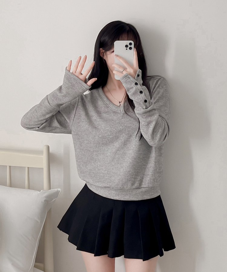 ボタンVネック長袖Tシャツ GRAY