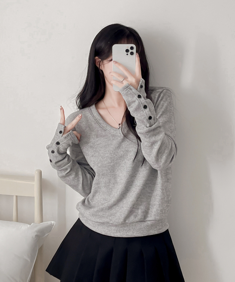 ボタンVネック長袖Tシャツ GRAY