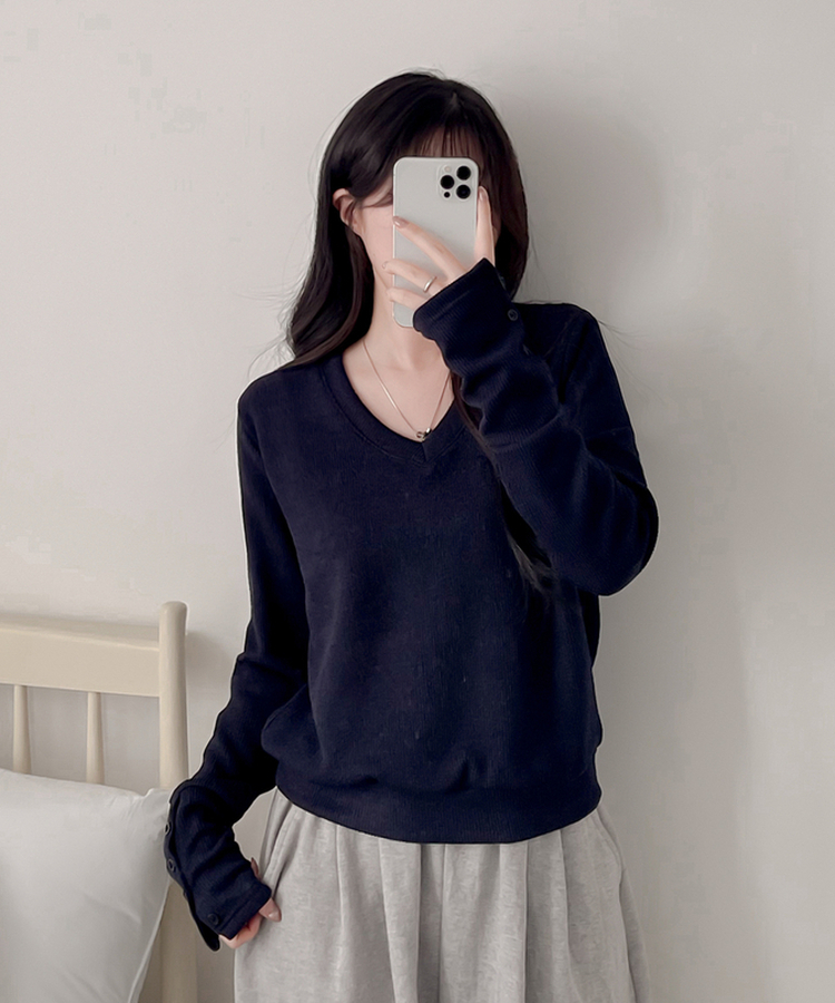 ボタンVネック長袖Tシャツ NAVY