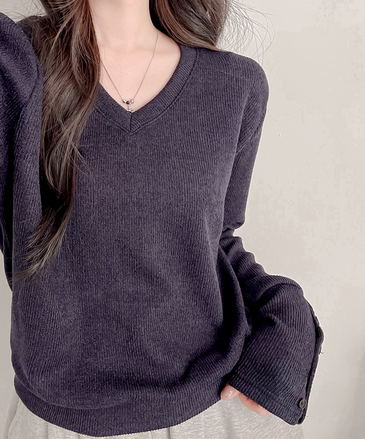 ボタンVネック長袖Tシャツ NAVY