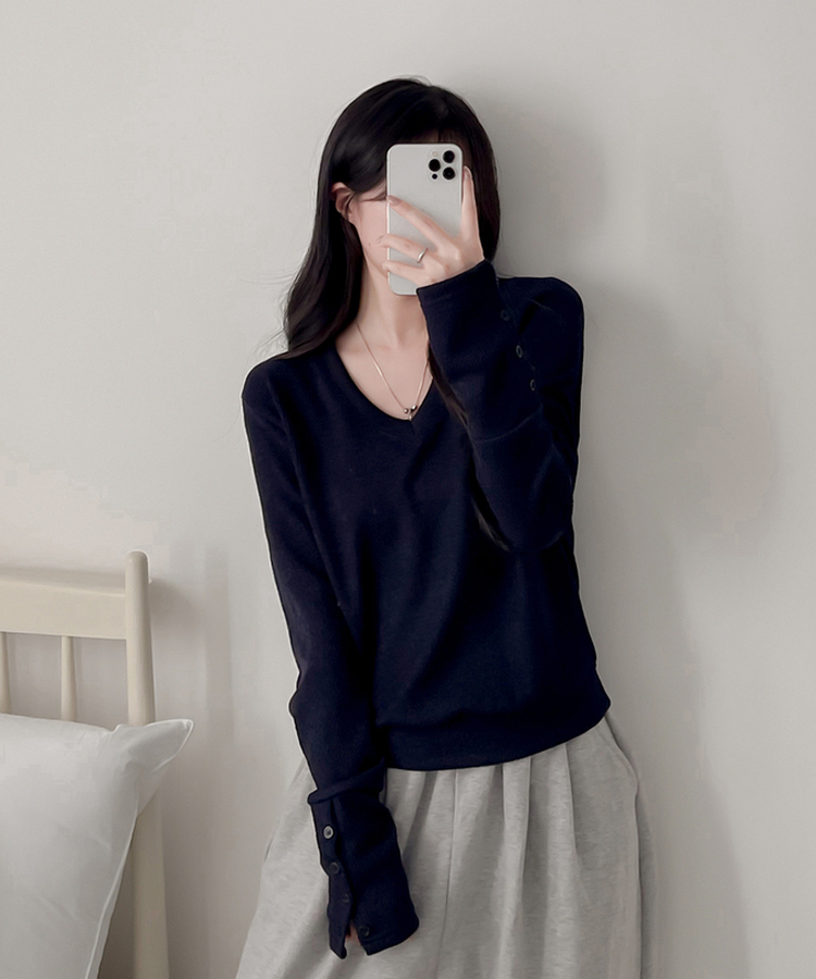 ボタンVネック長袖Tシャツ NAVY